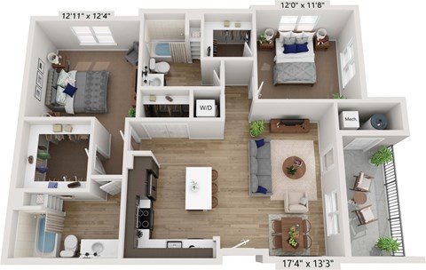 Floor plan for 2 beds, 2 baths, 1153 sqft